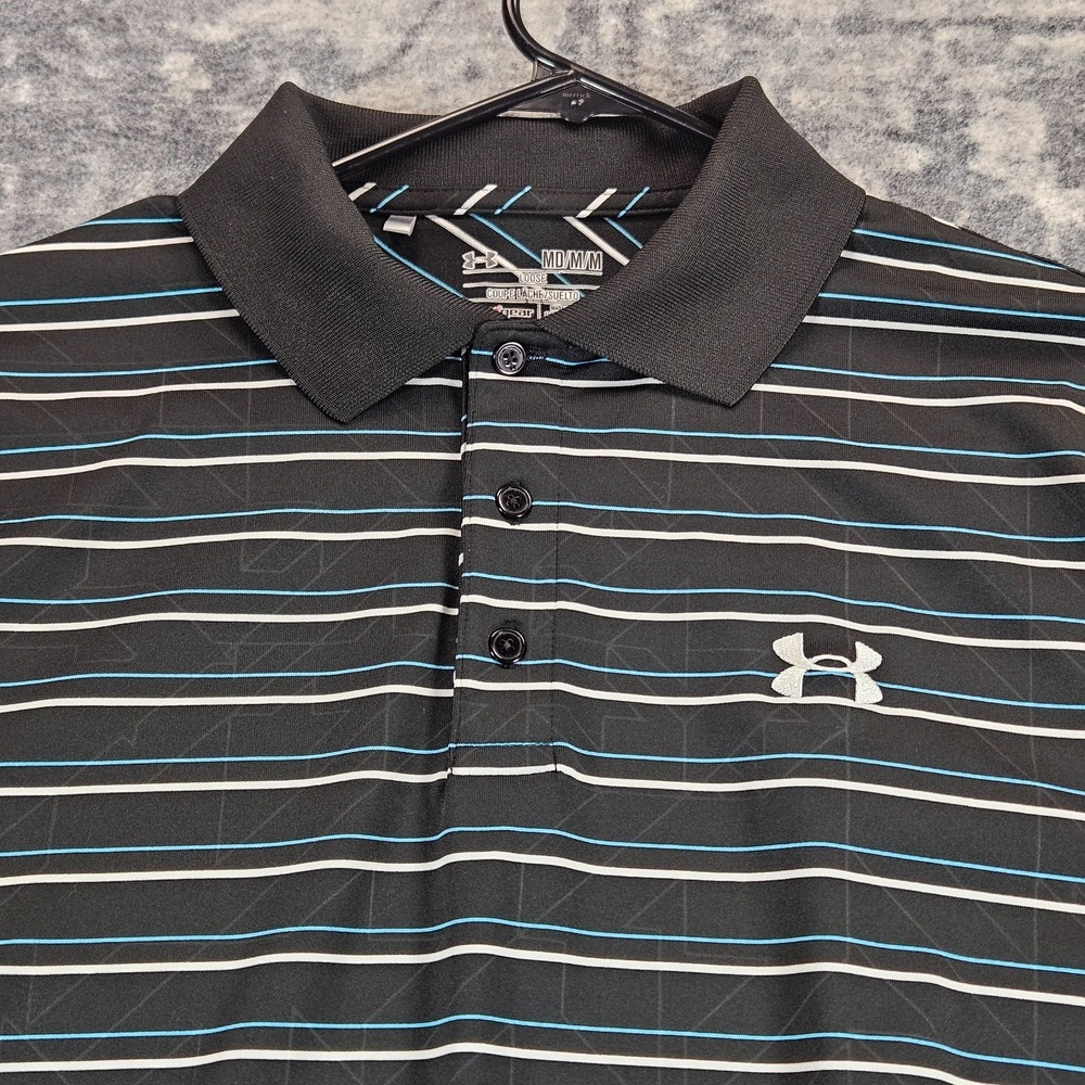 Under Armour Polo Shirt Mens M Black Striped Geometric Short Sleeve Heat Gear